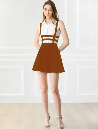 Vista 3 de Allegra K minifalda con tirantes y cintura elástica, corte A, para mujer.
