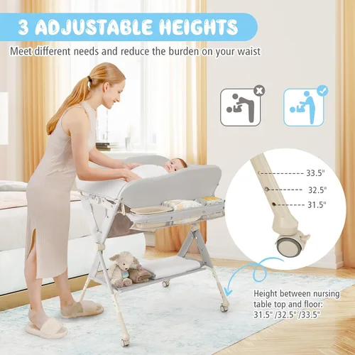 Vista 7 de BABY JOY Cambiador portátil para bebé, estación de cambio de pañales plegable con ruedas, altura ajustable, estante de almacenamiento grande, lavabo