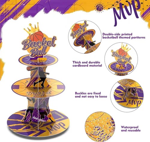 Vista 4 de Soporte para cupcakes de baloncesto MVP de 3 niveles con temática de baloncesto, decoración de fiesta de cumpleaños, torre de cupcakes