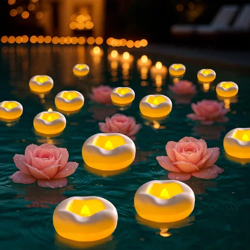 Vista 9 de Paquete de 12 velas LED flotantes sin llama de 5,8 cm, vela flotante activada por agua y operada por batería con más de 180 horas de duración