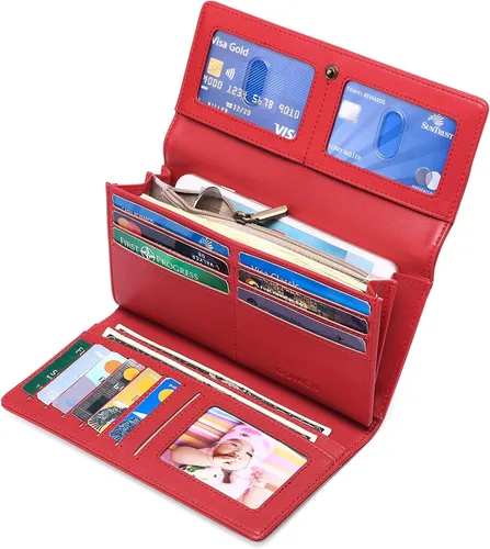 Vista 2 de GOIACII Cartera de mujer con bloqueo RFID triple pliegue cartera de mano larga para mujer cartera de cuero vegano con bolsillo para monedas A02-rojo