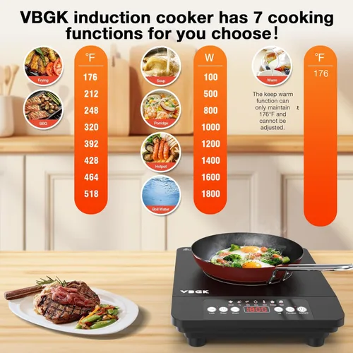 Vista 6 de VBGK Placa de Inducción de Quemador Único, Placa de Inducción Portátil de 1800 W, Placa Caliente de 110 V con Sensor LCD Táctil, 7 Niveles