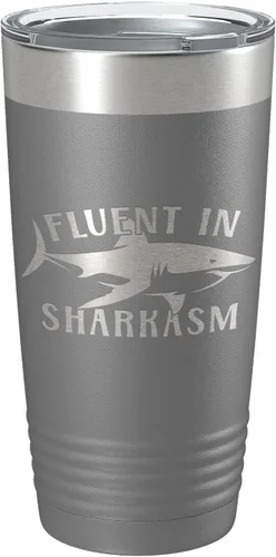 Vista 10 de Fluent in Sharkasm Tumbler Sarcasm Travel Mug Funny Shark Gift Insulated Laser Engraved Coffee Cup 20 oz Black