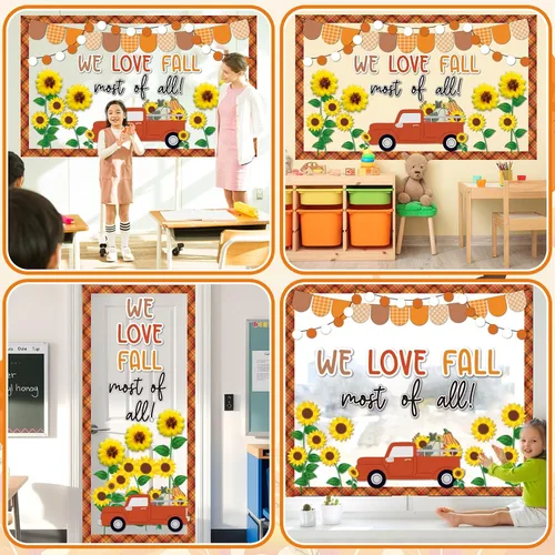 Vista 7 de Tablero de anuncios de girasol de otoño 3D para aula, bordes a cuadros marrones con papel de otoño 3D, girasol, nos encanta el otoño, sobre todo