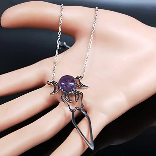 Vista 5 de PNJGoldent Wiccan Triple Moon StainlessSteel Necklace for Women Purple Crystal Triple Goddess Symbol Necklace Jewelry Bisuteria