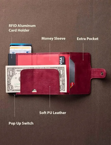 Vista 2 de LUNGEAR Tarjetero de cuero para tarjetas de crédito automático, billetera minimalista delgada con bloqueo RFID para hombre y mujer