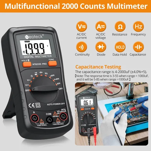 Vista 3 de Neoteck Multímetro digital de rango automático, medidor de voltaje Ohm de amplificador AC/DC con resistencia, continuidad, capacitancia y prueba