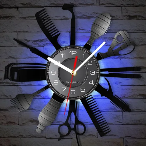 Vista 5 de Reloj de pared con herramientas de peluquería de 12 pulgadas con 7 colores cambiantes, reloj de pared para peluquería y negocios, reloj de pared