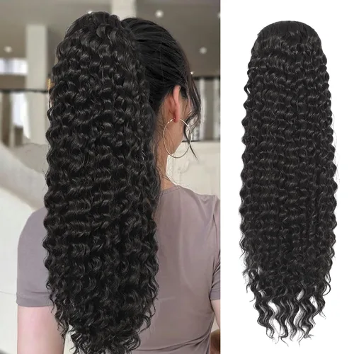 Vista 19 de Matriarchs Extensión de cola de caballo rizada de 24 pulgadas, cola de caballo con cordón para mujeres negras, sintética, larga, afro, rizada y 1b