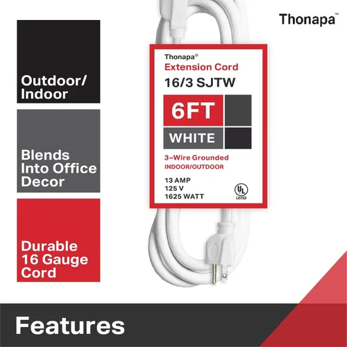 Vista 2 de Thonapa Cable de extensión de 6 pies para exteriores e interiores, 16/3 SJTW resistente a la intemperie, resistente al agua, cable eléctrico blanco