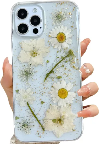 Vista 28 de LSEEKA Funda transparente para iPhone 11 con diseño de flores prensadas reales, linda y brillante, patrón floral rosa, funda protectora delgada
