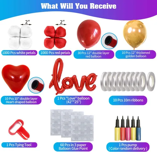 Vista 2 de Kit de 50 globos de amor y globos de corazón y 2000 pétalos de rosa de seda de 42 pulgadas, globos dorados con texto "I Love You", kit de decoración
