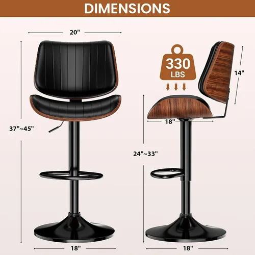 Vista 2 de YaFiti Taburetes de bar ajustables, modernas sillas giratorias de piel sintética con respaldo, taburetes de isla de cocina sin brazos, color negro