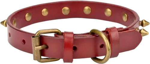 Vista 2 de Collar de cuero vacuno genuino ajustable para gatos y cachorros de perro, A-ROJO