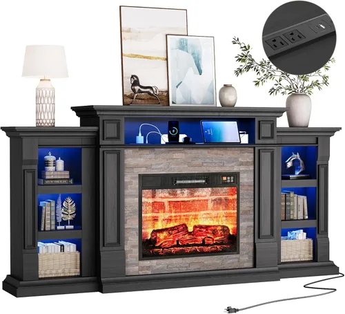 Vista 15 de Soporte de TV con chimenea de 72 pulgadas con toma de corriente y LED, chimenea eléctrica con repisa, centro de entretenimiento con almacenamiento