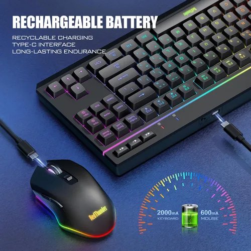 Vista 3 de RedThunder K20 TKL Combo de teclado y mouse inalámbricos, batería recargable con retroiluminación RGB ajustable, teclado de diseño compacto