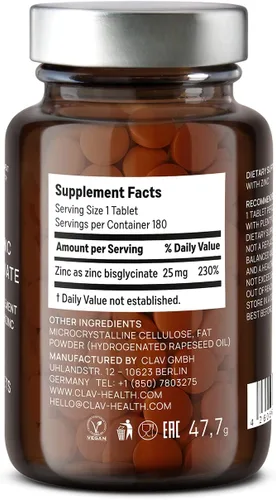 Vista 10 de CLAV Bisglicinato de zinc 25 mg - 180 tabletas (suministro para 6 meses) - Suplemento quelado natural - Glicinato vegano para apoyo inmunológico