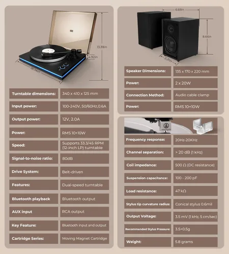 Vista 9 de Vangoa Tocadiscos de vinilo con altavoces estéreo de 40 W, cartucho magnético AT-3600L, placa de aluminio, luz azul, tocadiscos Bluetooth moderno