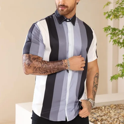 Vista 4 de Uni Clau Camisas de vestir de manga corta para hombre, camisas de moda con botones y estampado a rayas