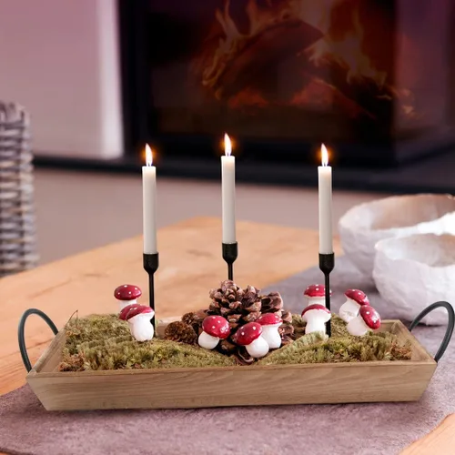 Vista 5 de Bandeja de velas rectangular de madera con asas de metal negro, portavelas de madera rústica para exhibir velas, centros de mesa para mesa