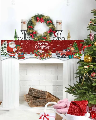 Vista 4 de Bufanda roja de Navidad, decoración de chimenea para sala de estar, copo de nieve de Papá Noel, árbol de Navidad, chimenea, mantel de invierno