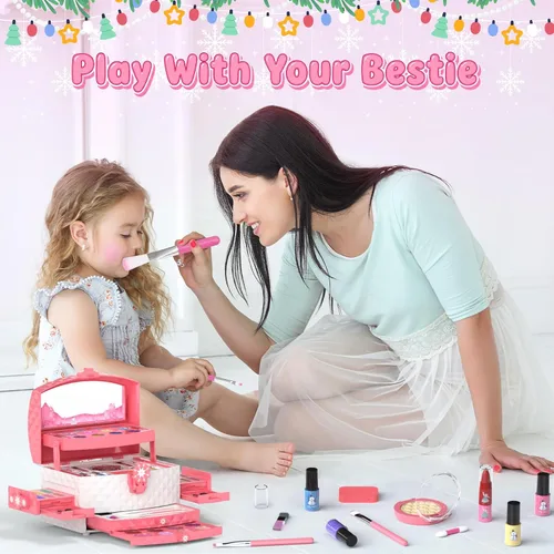 Vista 3 de GirlsHome Set de maquillaje para niñas de 56 piezas, lavable, cosméticos reales no tóxicos, juguetes de Frozen, kit de maquillaje para niñas