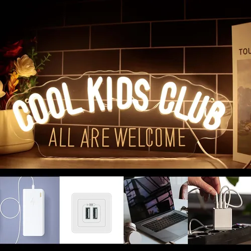 Vista 2 de Letrero de neón Cool Kids Club, luz de neón All Are Welcome hecha a mano, luz LED de neón para habitación de bebé, luces de neón USB regulables