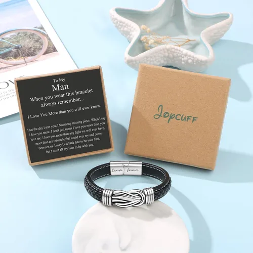 Vista 7 de Pulsera de nudo de hombre para regalo, cuero trenzado color marrón, del infinito, de acero inoxidable, con la frase Love You Forever, para hijos