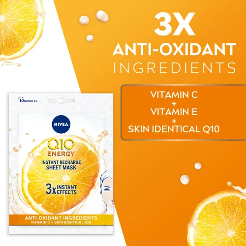 Vista 3 de NIVEA Q10 + C Power - Máscara antiarrugas + hoja energética (1 pieza), máscara hidratante antienvejecimiento con vitamina C, máscara facial