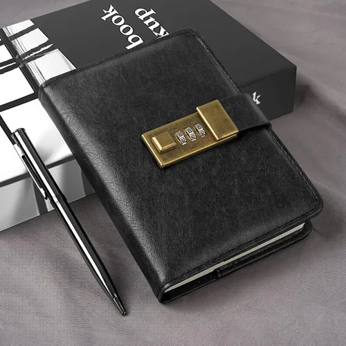 Vista 2 de WEMATE Diario con Cerradura, Diario con Cerradura, Cuaderno de Contraseña, Bolígrafo y Caja de Regalo - Perfecto para Hombres y Mujeres - 4.3X Negro