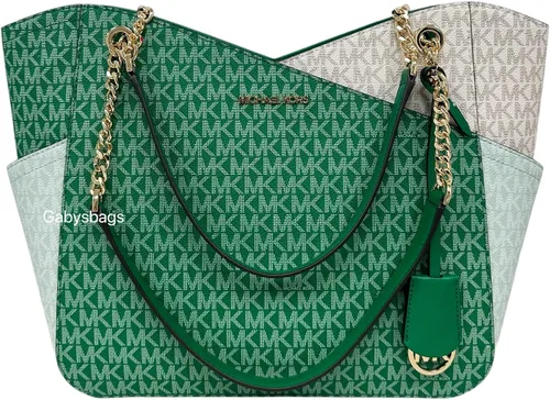 Vista 7 de Michael Kors Jet Set - Cartera triple con cadena grande color verde palmetto con bloques de color verde, Verde