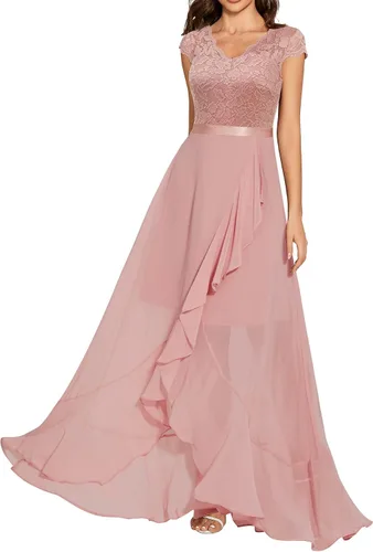 Vista 4 de Daisyaner Vestido largo formal de encaje floral para mujer con cuello en V vestido elegante para fiesta de noche vestido de graduación