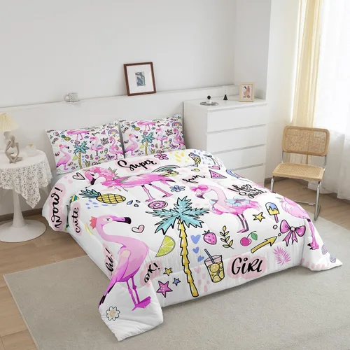 Vista 2 de Erosebridal Juego de ropa de cama de flamenco rosa para niñas y mujeres, lindo juego de edredón de flamenco de animales, tamaño individual