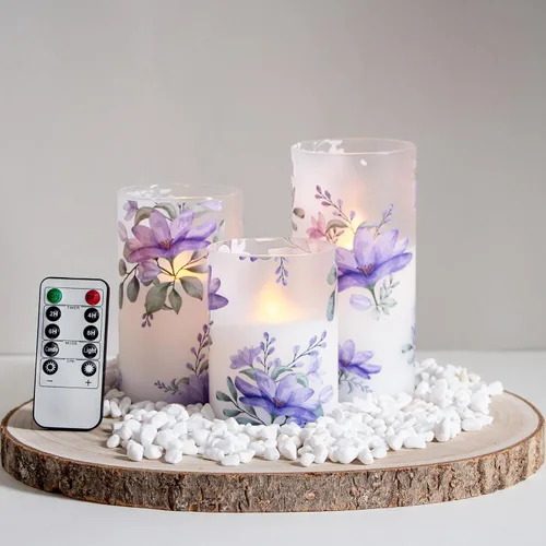 Vista 7 de Velas de cristal sin flama parpadeantes con control remoto y temporizador, flores de cerezo LED, cera real operadas por batería, juego de 3 velas
