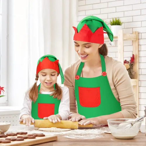 Vista 4 de LOVEINUSA Juego de delantal y sombrero de elfo de Navidad, delantales de Papá Noel, sombreros de cosplay para fiesta de Navidad, suministros