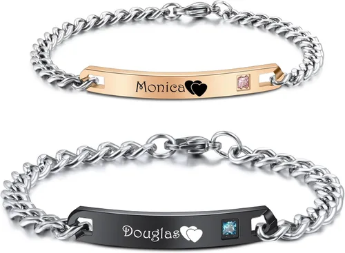 Vista 12 de MeMeDIY Juego de pulseras personalizadas para parejas, grabado personalizado con nombre/fecha para hombres, mujeres, novio, novia, acero inoxidable