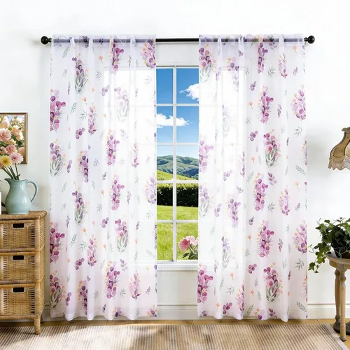 Vista 26 de youleyar Cortinas traslúcidas florales para sala de estar, 2 paneles de 54 pulgadas de largo, cortinas semitransparentes blancas con estampado