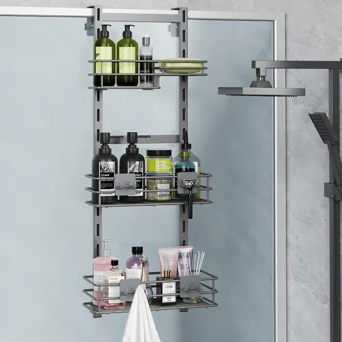 Vista 13 de Orimade Organizador de Ducha Sobre la Puerta Ajustable de 3 Niveles Negro, Estante Colgante para Baño a Prueba de Óxido con 4 Ganchos, Organizador