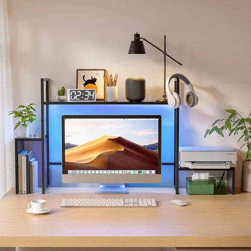 Vista 2 de WelFurGeer Organizador de Estante de Escritorio LED con Tira de Luz RGB, Estante de Escritorio de 2 Niveles para Monitor de Computadora, Marco