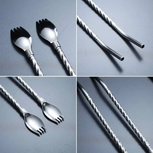 Vista 7 de HOMQUEN Cuchara de té helado con mango de popote para beber, 4 piezas de 8.7 pulgadas de acero inoxidable de mango largo, cuchara de tenedor