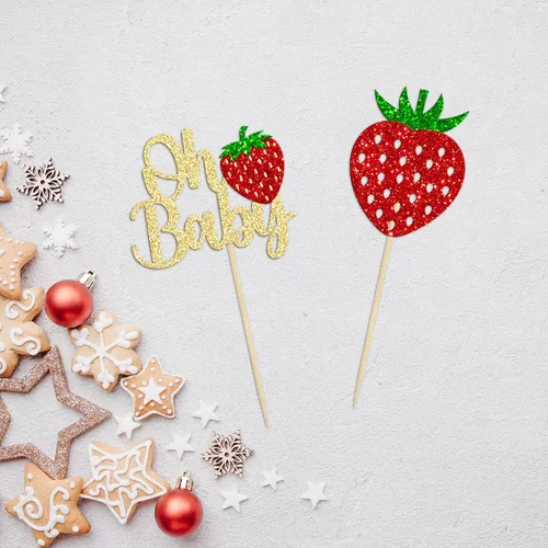Vista 5 de Paquete de 24 adornos para cupcakes Sweet Oh Baby con purpurina de fresa, selecciones de frutas, baby shower, niños, cumpleaños, bayas, cupcakes