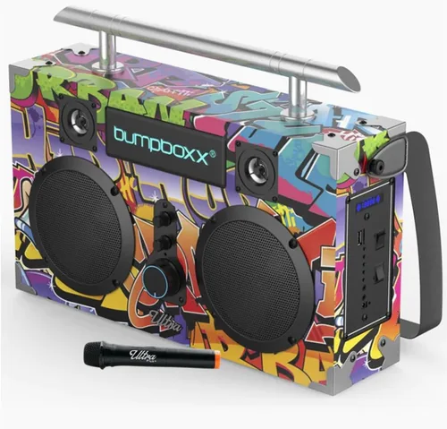 Vista 3 de Bumpboxx Bluetooth Boombox Ultra Plus Boombox retro con altavoz Bluetooth Incluye batería de litio recargable, correa de transporte y micrófono