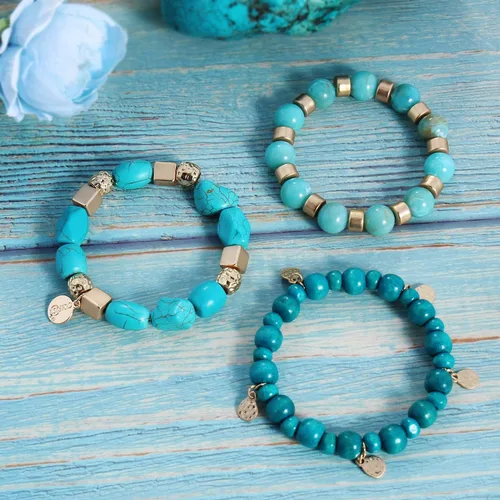 Vista 3 de Coiris 3 piezas de cuentas de turquesa grande Strand turquesa pulsera para niñas (BR-1226), Sin gemas.