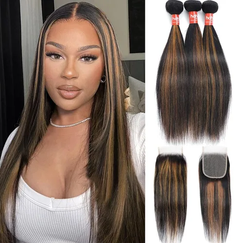 Vista 13 de Extensiones de cabello humano marrón con reflejos de Haha con cierre, extensiones lisas con cierre ombre, extensiones de cabello humano con cierre