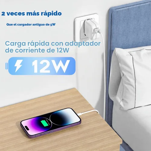 Vista 2 de Cargador para iPad, adaptador de bloque portátil plegable rápido de 12W USB para iPad, con cable de carga USB A a Lightning para iPhone, compatible