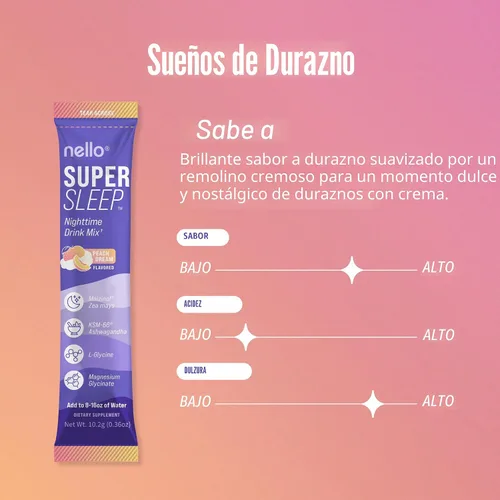 Vista 2 de Nello Supersleep - Mezcla de bebida de apoyo para dormir nocturno, Ashwagandha, Maizinol, L-glicina, glicinato de magnesio, melocotón Dream