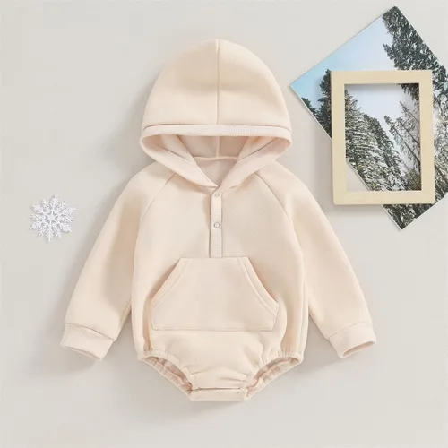 Vista 2 de Hoanselay Ropa de otoño e invierno para recién nacido, sudadera con capucha, mameluco de manga larga, mameluco cálido y sólido