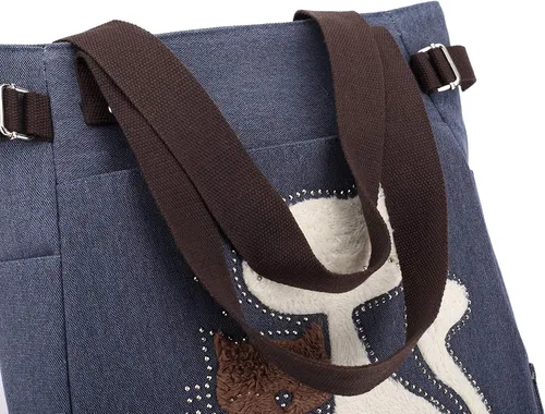 Vista 7 de KAUKKO Women Canvas Handbag Shoulder Bag Cat Big Tote Bag