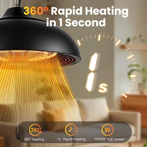 Vista 2 de Calentador eléctrico colgante de patio de 1500 W, calor instantáneo 3S, calentador de techo para exteriores con 3 modos, funcionamiento silencioso