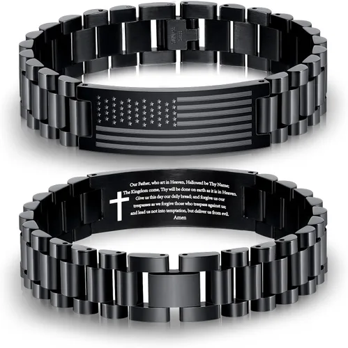 Vista 22 de P. BLAKE Pulsera con versículo bíblico de la bandera estadounidense para hombres, pulsera de acero inoxidable grabada de las Escrituras, religiosa